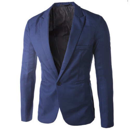 (Navy blue, XL) Solid Color Slim Fit Single-Breasted Suit Jacket for Young Men