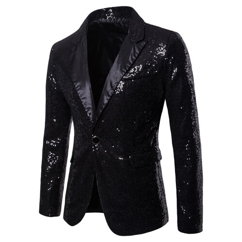 (Black, S) Gold Sequin Blazer Korean Men's Suit Jacket Set