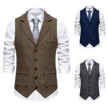 (Coffee, XL) Men's Retro Herringbone Tweed Vest with Chain Decoration