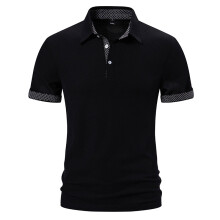 (Black, M) Men's Trendy Paisley Color-Block Polo Shirt Casual Short Sleeve Collared T-Shirt