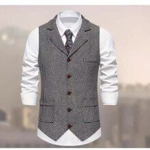 (New light gray, XXL) Gilet homme rétro en tweed à chevrons avec chaîne décorative