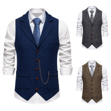 (Dark blue, XL) Men's Retro Herringbone Tweed Vest with Chain Decoration