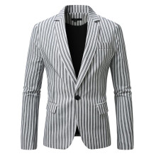 (9926 Gray and White Stripes, M) Wiosenny męski garnitur w paski, dopasowany krój, zapinany na jeden guzik, drużba, odzież robocza