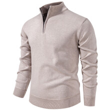 (Beige, XL) Men's Plus Size Knitted Sweater with Stand Collar & Zipper – Solid Color Versatile Casual Top