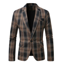 (9925 Coffee Plaid, M) Męska marynarka w kratę zapinana na jeden guzik, uniwersalny garnitur casualowy
