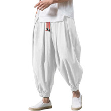 (White, XL) Pantalon lanterne en lin pour homme, coupe ample, ourlet resserré, grande taille, style harem tendance à jambes larges et fuselées.