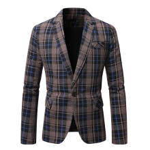 (9923 Coffee Plaid, L) Męska marynarka w kratę zapinana na jeden guzik, uniwersalny garnitur casualowy