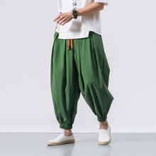(Dark Green, M) Pantalon lanterne en lin pour homme, coupe ample, ourlet resserré, grande taille, style harem tendance à jambes larges et fuselées.
