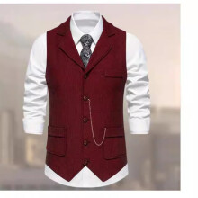 (New burgundy, M) Męska kamizelka retro z tweedu w jodełkę z ozdobą w postaci łańcuszka