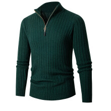 (Dark Green, 3XL) Autumn Winter Men's Long Sleeve Vertical Stripe Half Zip Knitted Base Layer Sweater