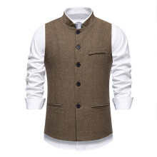 (Coffee, 2XL) Jesienna męska kamizelka garniturowa w stylu vintage ze stójką w jodełkę, wysokiej jakości, w jednolitym kolorze