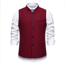 (Wine Red, 2XL) Jesienna męska kamizelka garniturowa w stylu vintage ze stójką w jodełkę, wysokiej jakości, w jednolitym kolorze