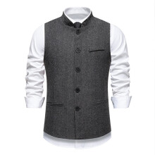 (Dark Gray, M) Gilet de costume homme automne vintage à col montant et chevrons, de haute qualité et de couleur unie.