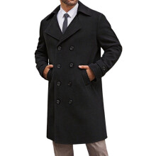 (Black, 5XL) Men's Double-Breasted Mid-Length Wool Trench Coat for Autumn & Winter