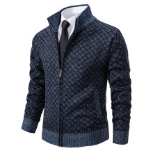(Blue-gray, XL) Gilet cardigan d'hiver épais en polaire pour homme, à capuche et fermeture éclair, col montant, en laine tricotée