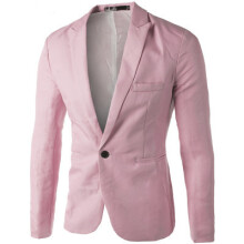 (Pink, XL) Solid Color Slim Fit Single-Breasted Suit Jacket for Young Men