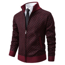 (Wine Red, XL) Men's Winter Thick Fleece Hooded Zip-Up Cardigan Sweater Stand Collar Knitted Wool Coat