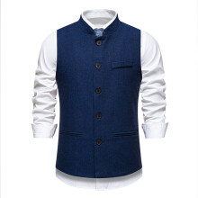 (Dark blue, XL) Autumn Men's Vintage Stand Collar Herringbone High-Grade Solid Color Suit Vest