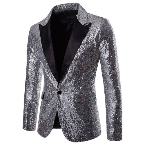 (Silver, S) Gold Sequin Blazer Korean Men's Suit Jacket Set