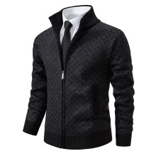 (Black, 3XL) Men's Winter Thick Fleece Hooded Zip-Up Cardigan Sweater Stand Collar Knitted Wool Coat