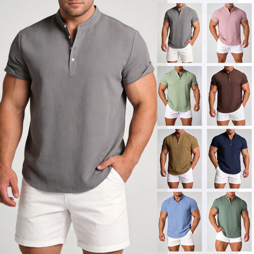 (Camel, M) Summer Men's Linen Short Sleeve Stand Collar Pullover Solid Casual Loose Shirt 1