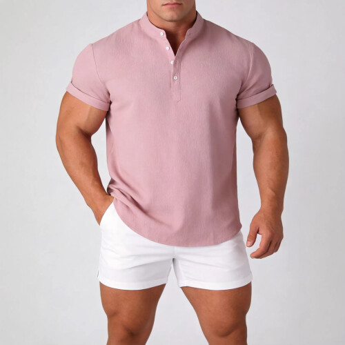 (Light Blue, S) Summer Men's Linen Short Sleeve Stand Collar Pullover Solid Casual Loose Shirt 2