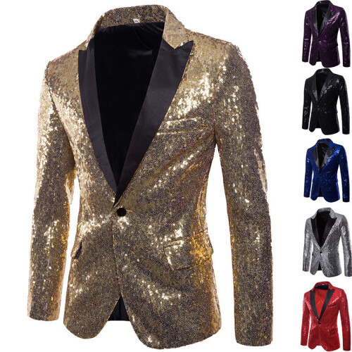 (Silver, S) Gold Sequin Blazer Korean Men's Suit Jacket Set 1
