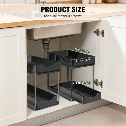 2 Pack Under Sink Storage, 2-Tier Sliding Under Sink Organiser with Hooks, Cups, Multi-Purpose Kitchen Storage Organisation Rack for Kitchen Bathroom 1