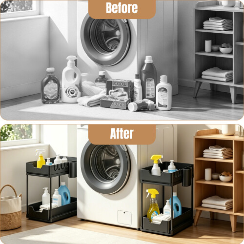 2 Pack Under Sink Storage, 2-Tier Sliding Under Sink Organiser with Hooks, Cups, Multi-Purpose Kitchen Storage Organisation Rack for Kitchen Bathroom 2