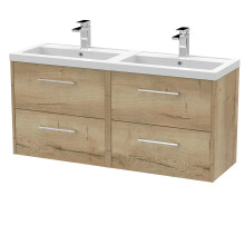 Winshill Contemporary 4 Drawer Wall Hung Vanity Unit with Double Basin, Light Oak, 1200mm