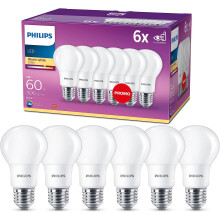 Philips LED E27 Frosted Light Bulbs, 8 W (60 W) - Warm White, Pack of 6, Standard Range