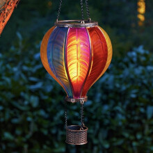 Festive Lights - 45cm Solar Hot Air Balloon Lantern – Rainbow Stain Cool Fiesta Multicolour Glass Effect Hanging Garden Light with Realistic Flame L