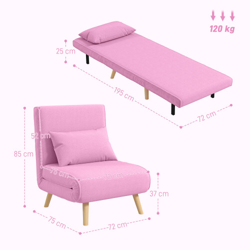 Homcom Sofá Cama Individual Rosa 72 x 75 x 85 cm 2