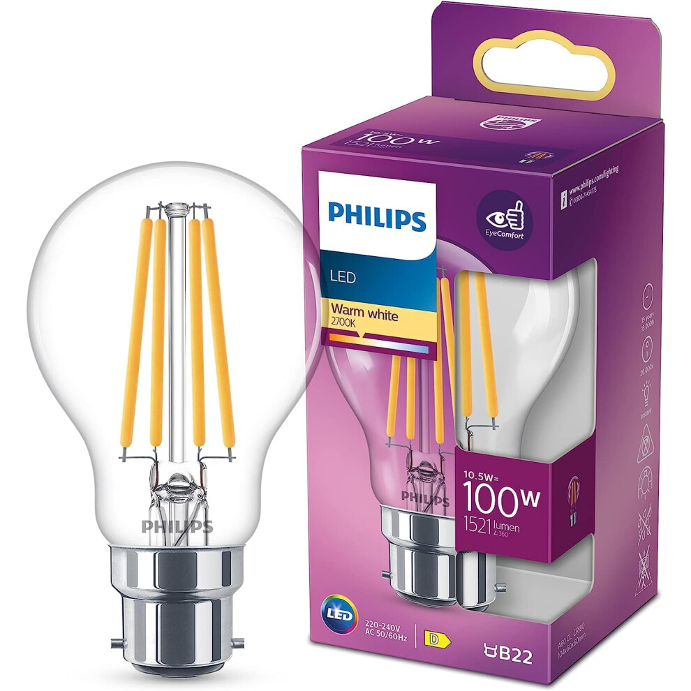 Philips Led Classic A60 Light Bulb [B22 Bayonet Cap] 10.5W - 100W Equivalent, Warm White 2700K, Non Dimmable