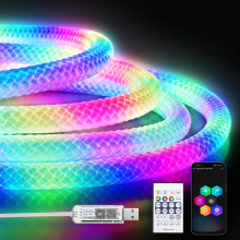 ShineBurky 3M RGBIC Neon Rope Light, 5V USB LED Strip Lights, 360 Glow RGB Braided Silicone Lights, IP67 Waterproof, APP/Remote Control, Music Sync,