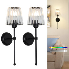 Stepeak Battery Operated Wall Lights Set of 2, Rechargeable Wall Lights Indoor with USB RGB Bulb & Remote, Black Glass Wireless Wall Light Sconce, Ba