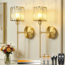 Dehobo Rechargeable Wall Lights with Crystal Lampshade 2 Packs, Battery Operated Wall Lights 3 Color Temperature with Light Bulbs, Gold Wall Lights D