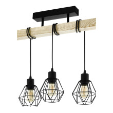 Eglo Ceiling Light Fitting Townshend 5, 3-Light Vintage Pendant Lighting, Industrial Hanging lamp for Living Room, Black Metal and Natural Wood, FSC,