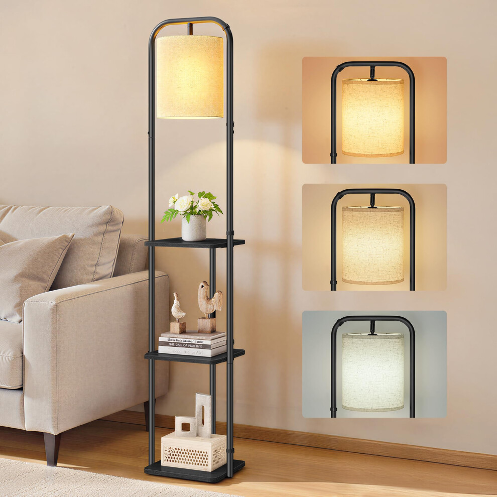 Vasagle Floor Lamp With 3 Shelves, Standing Lamp With Led Bulb, Foot Switch, Fabric Lampshade, For Living Room And Bedroom, Ink Lfl001bd03 Black