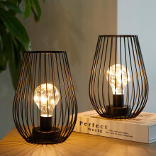 TRIROCKS Metal Cordless Table Lamp 20cm Tall Set of 2 Cage Shape Battery Operated Lanterns with Fairy Lights Bulb for Indoor/Outdoor Use Perfect for