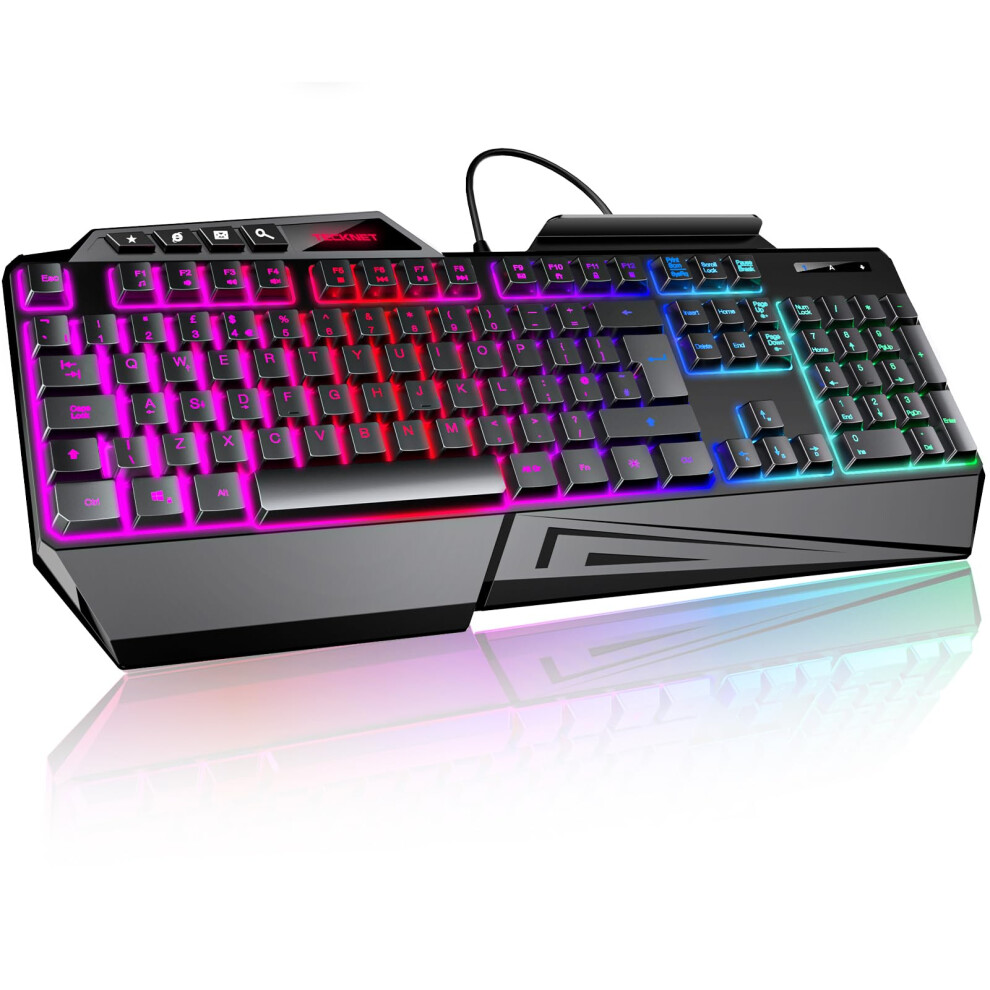 Tecknet Wired Gaming Keyboard, 26-Key Anti-Ghosting Rgb Keyboard, Ergonomic Design With Phone Holder & Wrist Rest, Dedicated Shortcut Keys & Spill-Re
