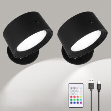 Rechargeable Wall Lights,2PCS Led Wall Lights With Remot Control 6-Level Brightness, 2 Colour Temperatures & 12 RGB Modes, 360 Rotation Battery Oper