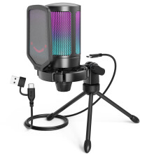FIFINE Gaming USB Microphone for PC PS5, RGB Condenser Microphone with Tap-to-Mute Button, Shock Mount, Pop Filter, Gain Control for Streaming Podcas
