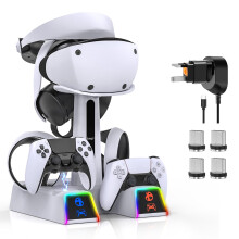 RGB Charging Station for PS VR2/ PS5/ PS5 Edge Controller with AC Adapter and Plug Adapter, Vertical Stand for PlayStation VR2 Headset and Dualsense