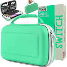 Orzly Carry Case for White Nintendo Switch OLED Console with Accessories and Games Storage Compartment - Easy Clean Case Gift Boxed Edition (Green/Wh