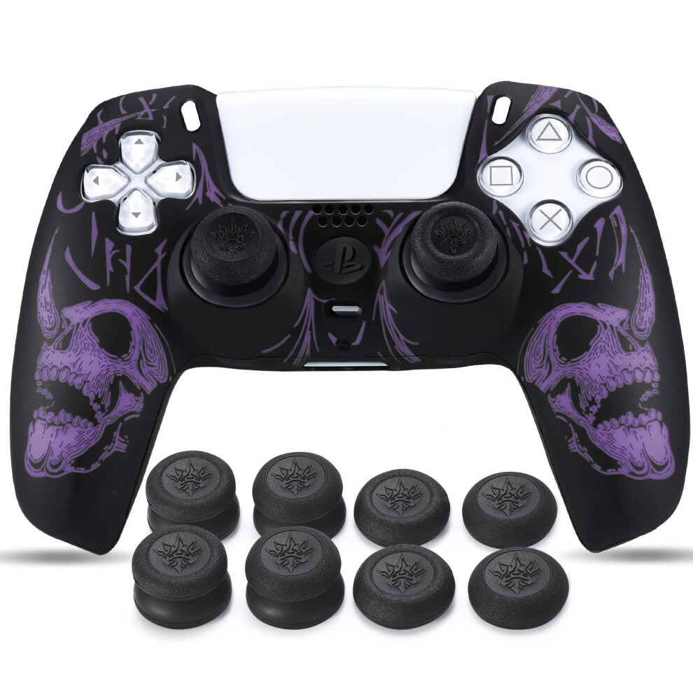 Yorha Laser Carving Silicone Skin For Playstation 5 Controller Ps5 Controller X 1(Purple) With Pro Thumb Grips X 8 Purple 5001049650039