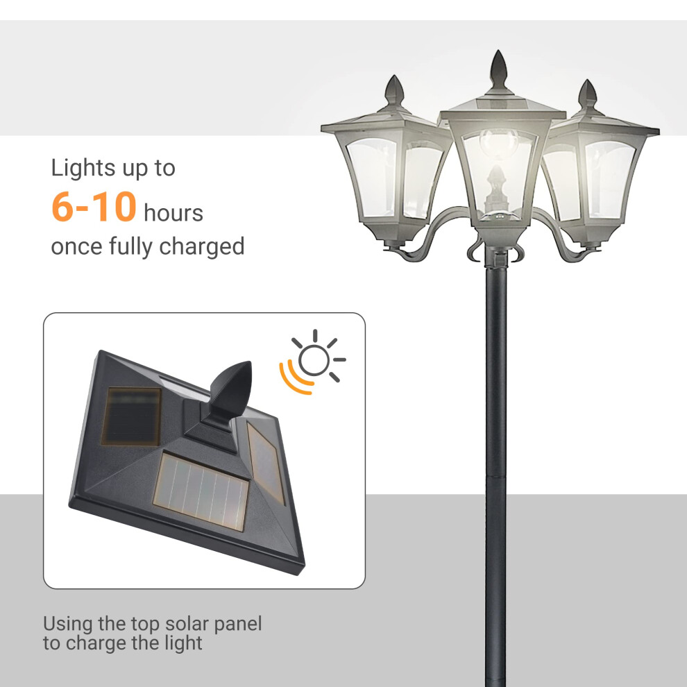 Outsunny 1.8M Garden Solar Post Lights, 3 Way Head Outdoor Lamp With Sensor Dimmable Led Lights, Ip44, For Deck, Pathway, Driveway, Street, Black