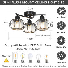 Stepeak Crystal Ceiling Lights Living Room, 3-Lights Crystal Chandeliers Ceiling Light, Modern Ceiling Lights with Glass Lampshades, Black Chandelier