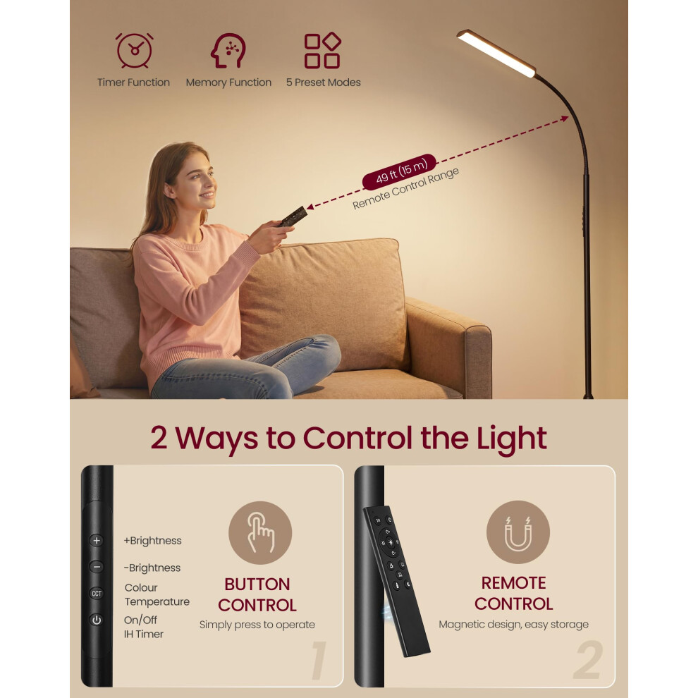 Vasagle Led Floor Lamp For Living Room, Adjustable Height 141-175 Cm, 15W Reading Lamp Floor Standing, 360 Rotating Head, Timer And Memory Function,