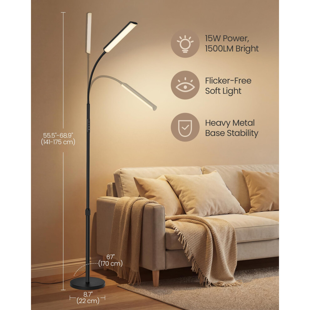 Vasagle Led Floor Lamp For Living Room, Adjustable Height 141-175 Cm, 15W Reading Lamp Floor Standing, 360 Rotating Head, Timer And Memory Function,